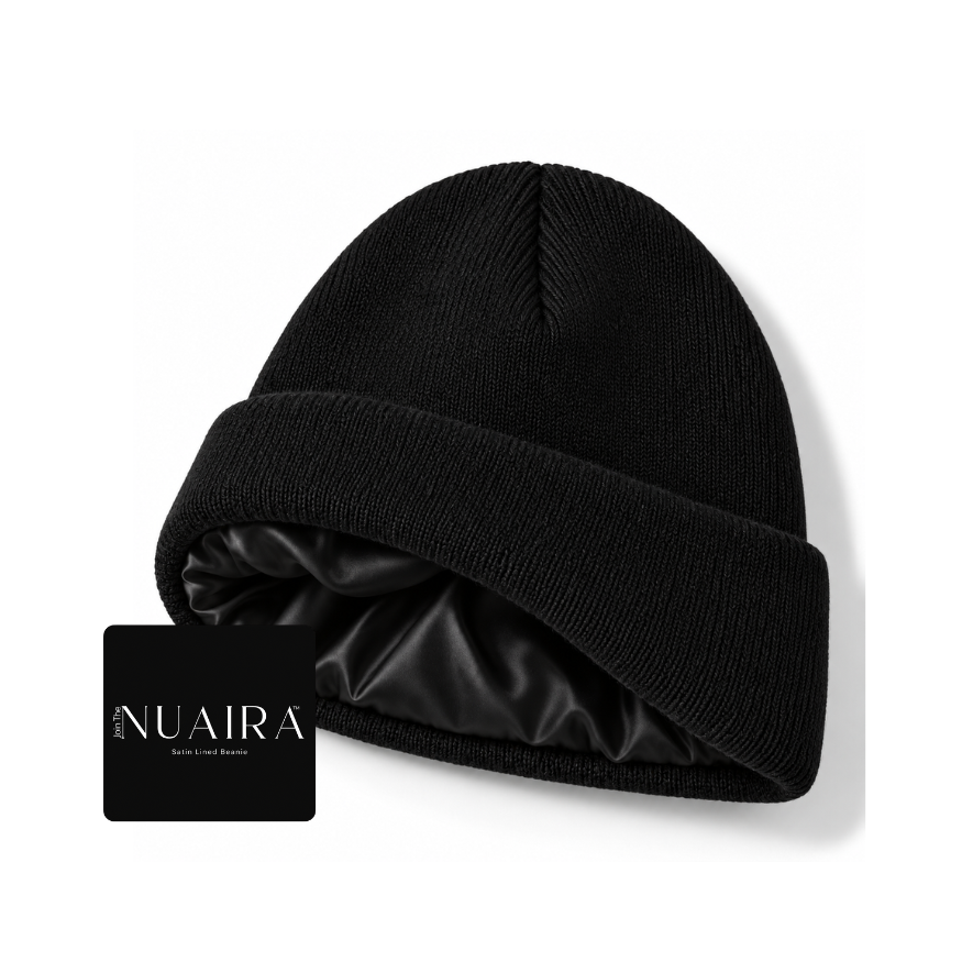 Black silky satin lined knit beanie for Adults and Kids by NuAira & Co