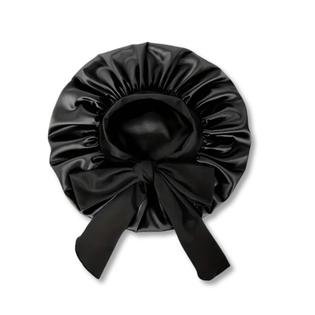 Double Layer Satin Bonnet with Tie Band | Black.