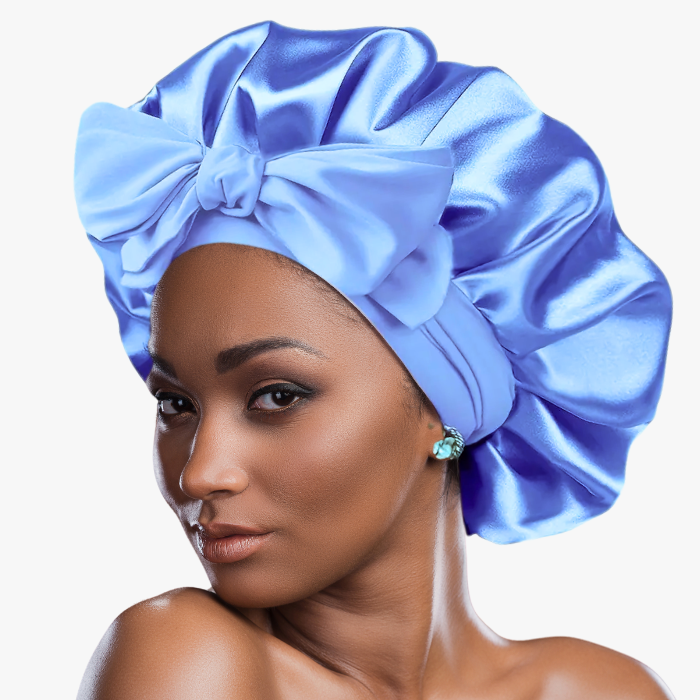 Double Layer Satin Bonnet with Tie Band | Blue