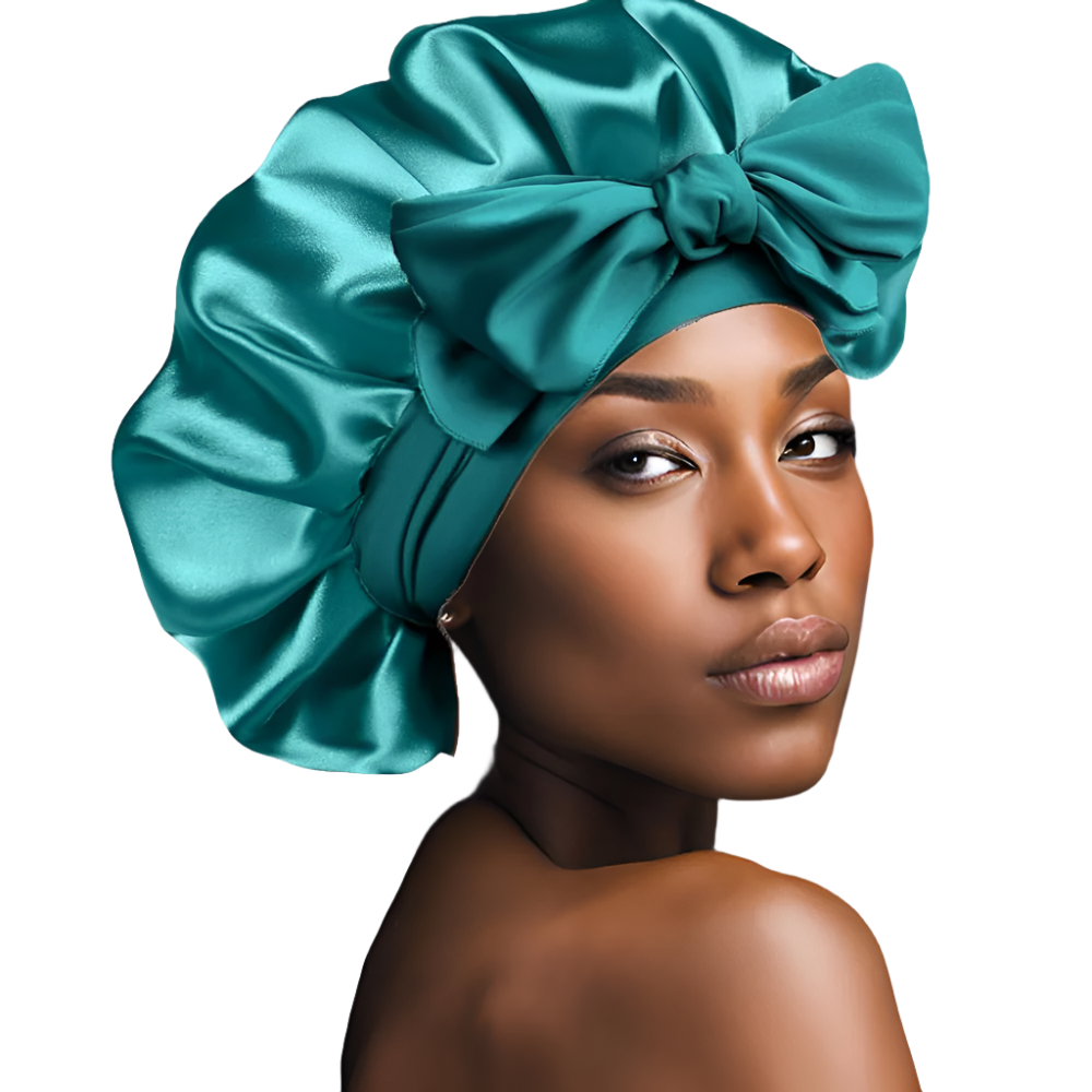 NuAira Teal Blue Double Layer Satin Tie Band Hair Bonnet