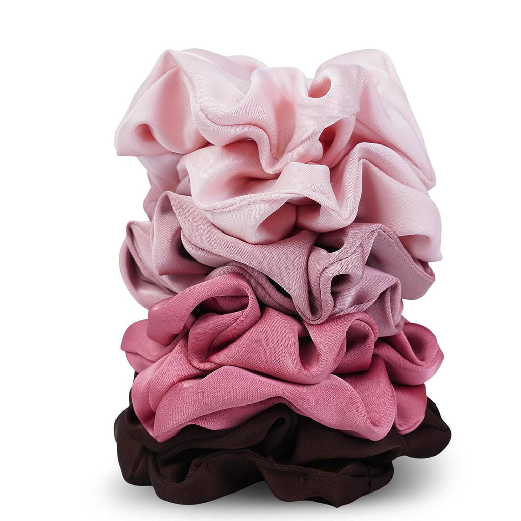 Blush Pink Brown and Fuchsia 8 PC Satin Scrunchie Set for Curly and Natural Hair