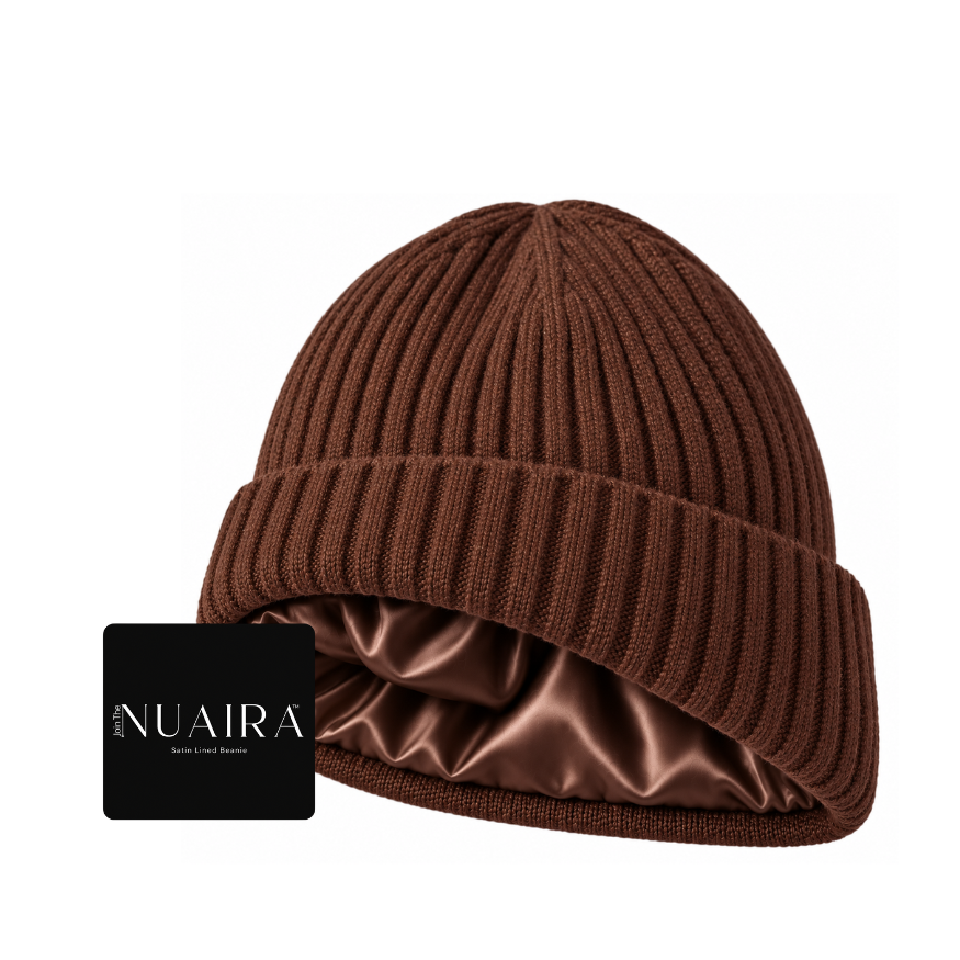 A brown ribbed knit beanie hat with a matching satin inner lining classic cuff wool-like feel by NUAIRA 