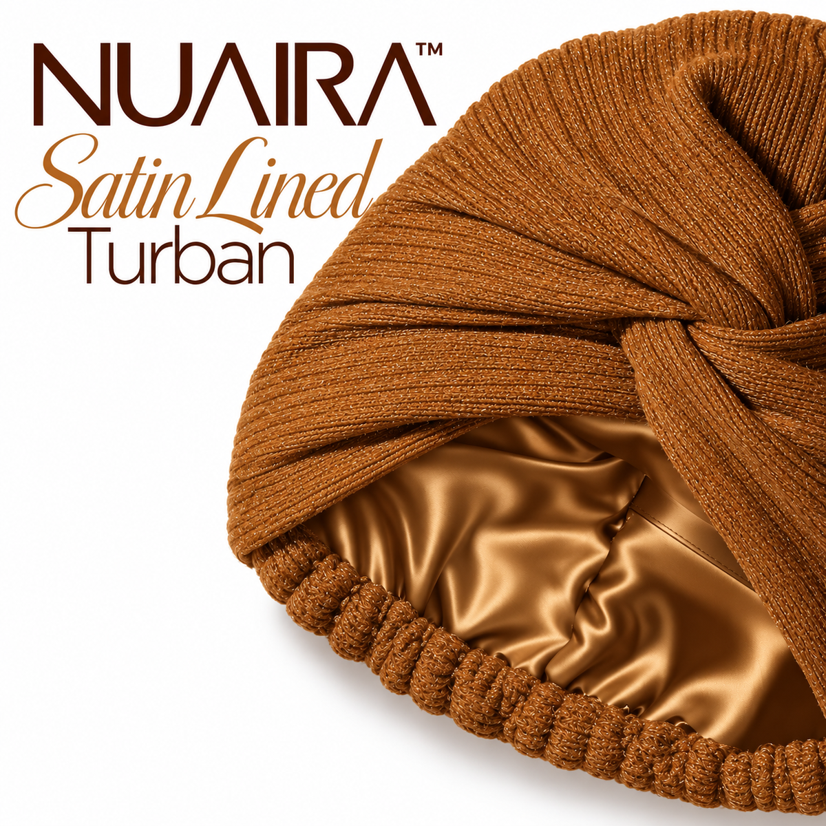 A close-up of a brown ribbed fabric turban hat with a satin-lined interior, shown on a white background with the text 'NUAIRA Satin Lined Turban' in the upper left.