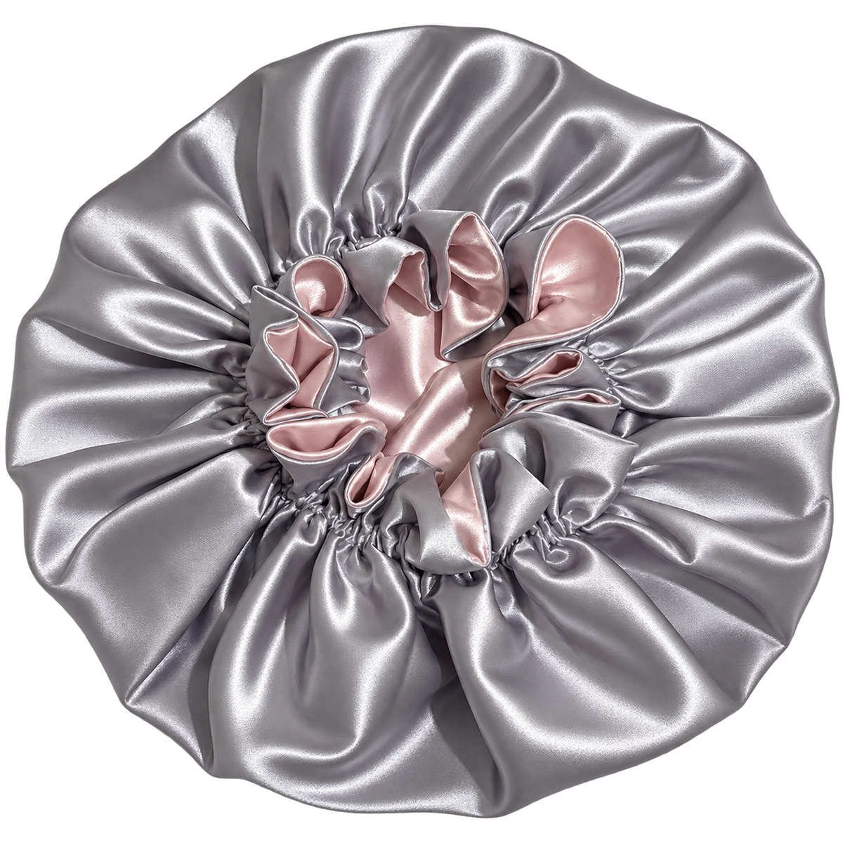 Blush Pink Ruffled Satin Bonnet with Silver Lining