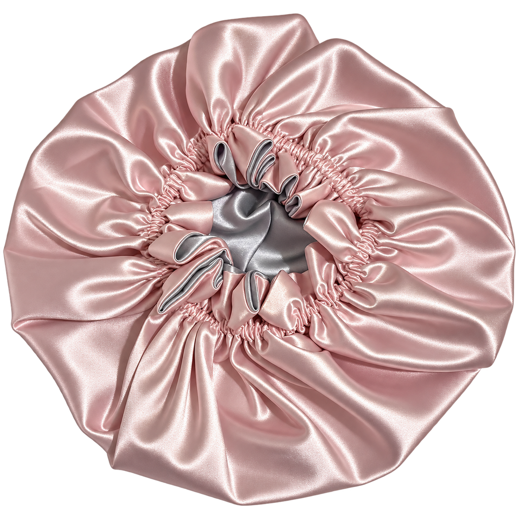 Blush Pink Ruffled Satin Bonnet with Silver Lining