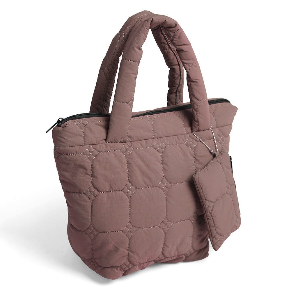 Coffee Quilted Padded Hand Bag with matching pouch and zipper closure.