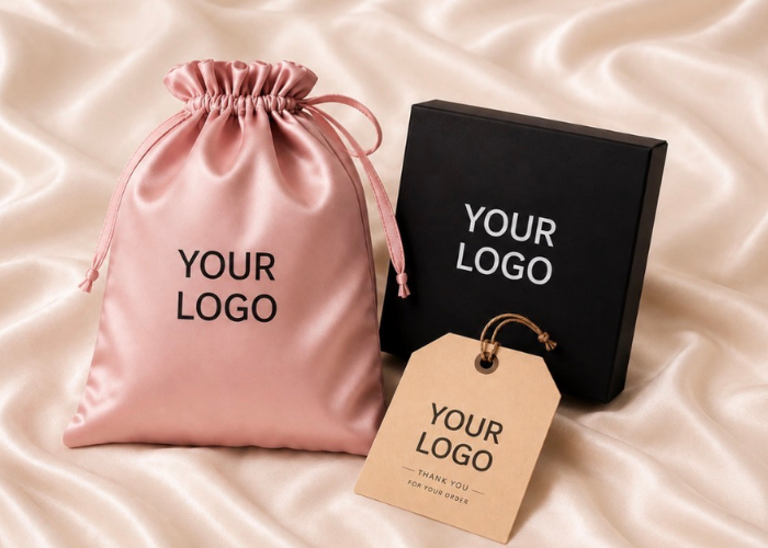 Pink drawstring bag, black box, and brown tag with 'YOUR LOGO' text on a beige fabric background.