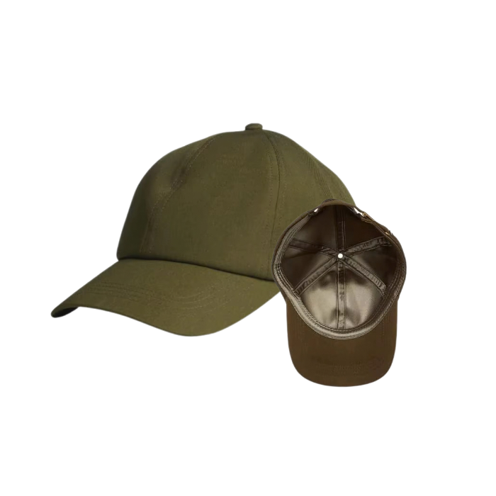 An olive green baseball cap shown from the front and back on a white background, with a small black NUAIRA brand label overlay on the left.