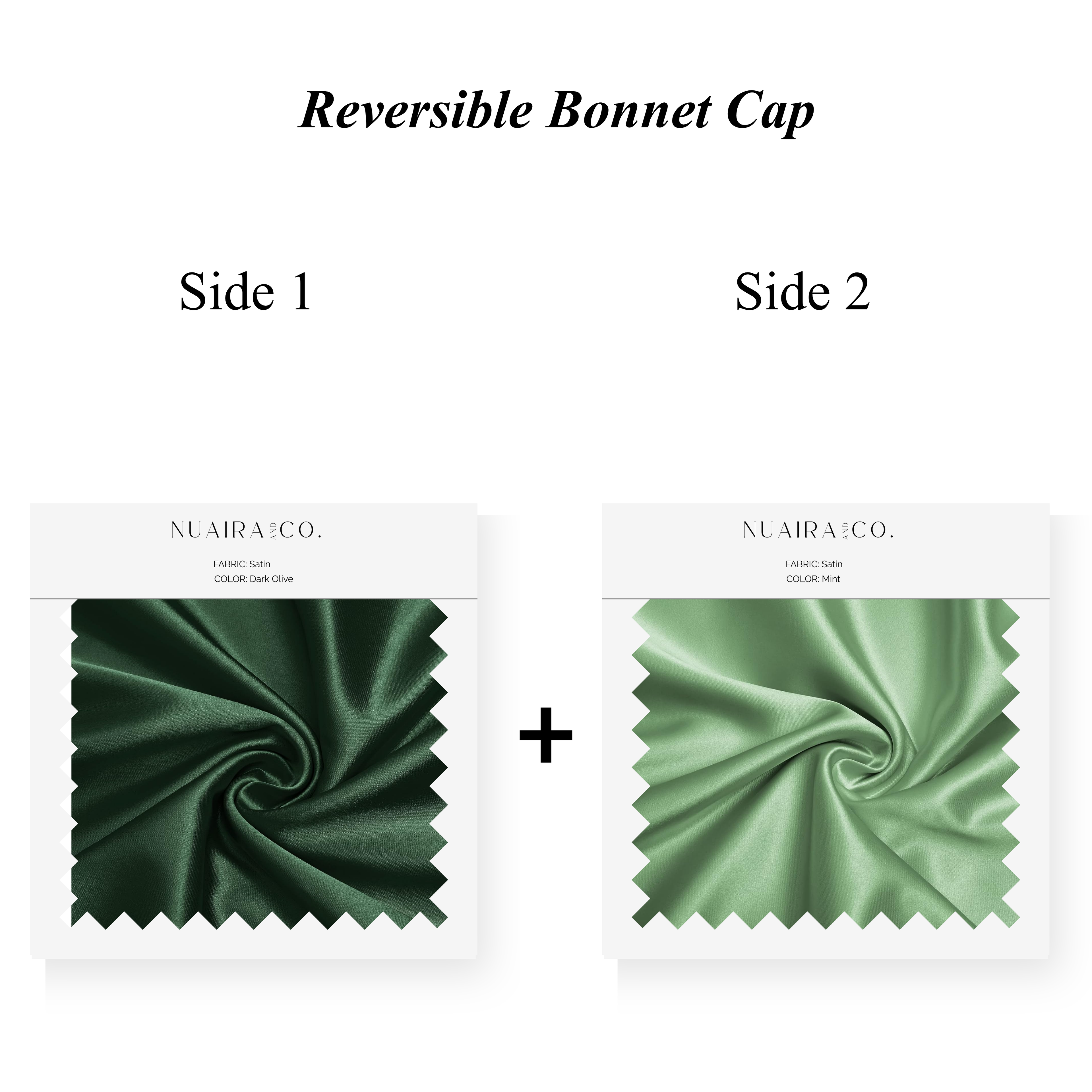 Nuaira Co. Two-Tone Bonnet Caps, Dark Olive and Mint for healthy hair care. Curly, Natural and Loc'd. Moisture Retention.
