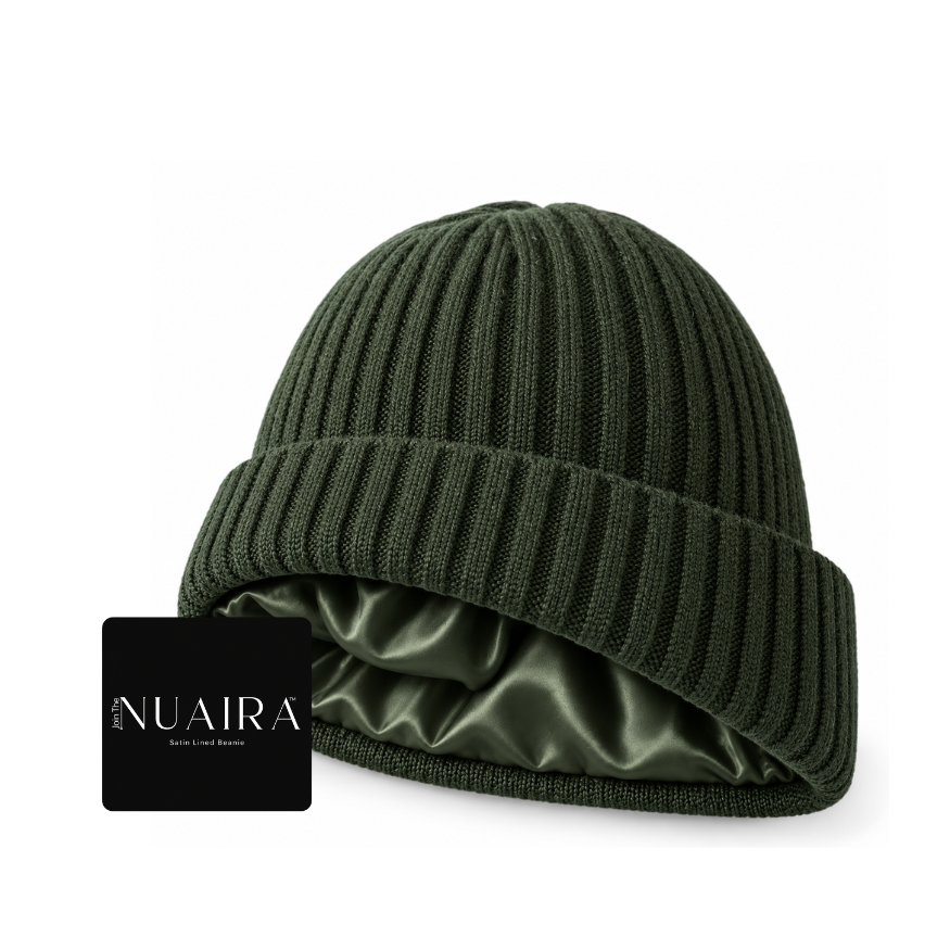 A forest green ribbed knit beanie hat with a matching satin inner lining classic cuff wool-like feel by NUAIRA 