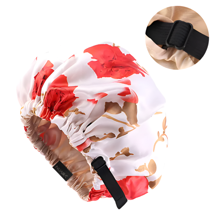 Gold & Red Floral Satin Bonnet.