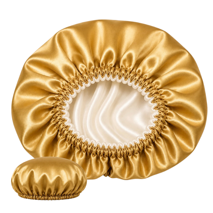 Gold satin sleep bonnet with off-white interior for luxury nighttime hair care and moisture retention.