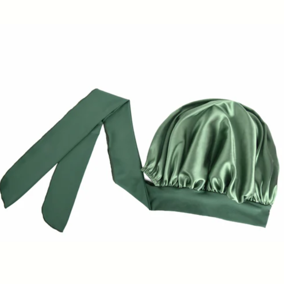 Double Layer Satin Bonnet with Tie Band | Green Sage.