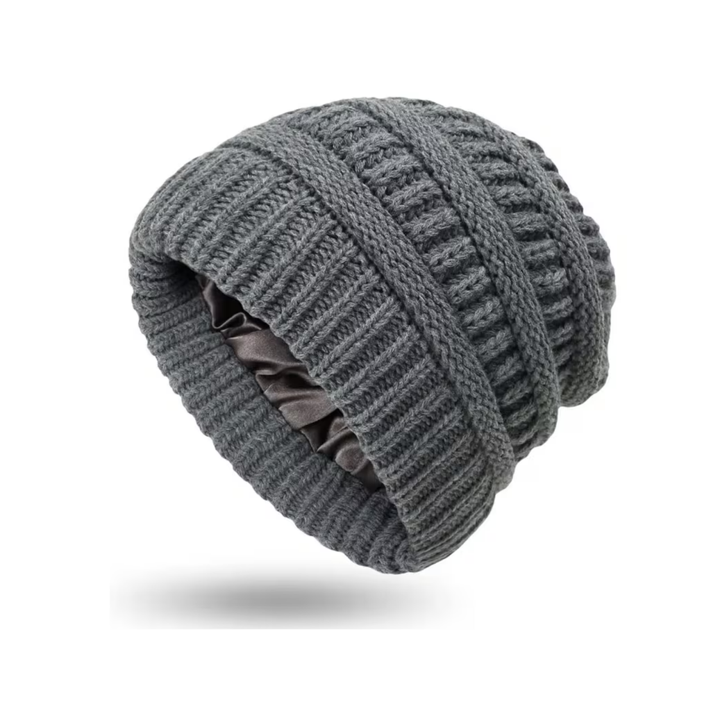 Grey Satin Lined Knit Slouch Beanie