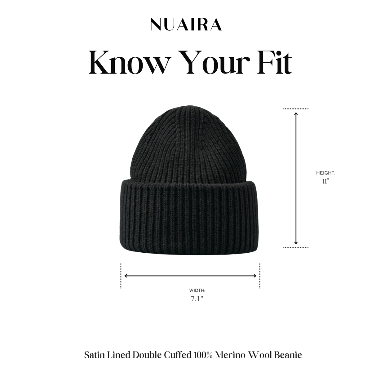 100% Merino Wool Satin Lined Beanie | Black