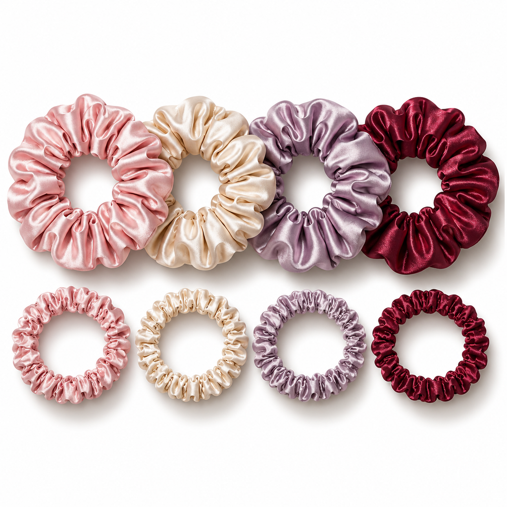 Eight satin hair scrunchies in assorted colors, including pink, beige, lavender, and burgundy, in size medium and thin.