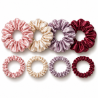 Eight satin hair scrunchies in assorted colors, including pink, beige, lavender, and burgundy, in size medium and thin.