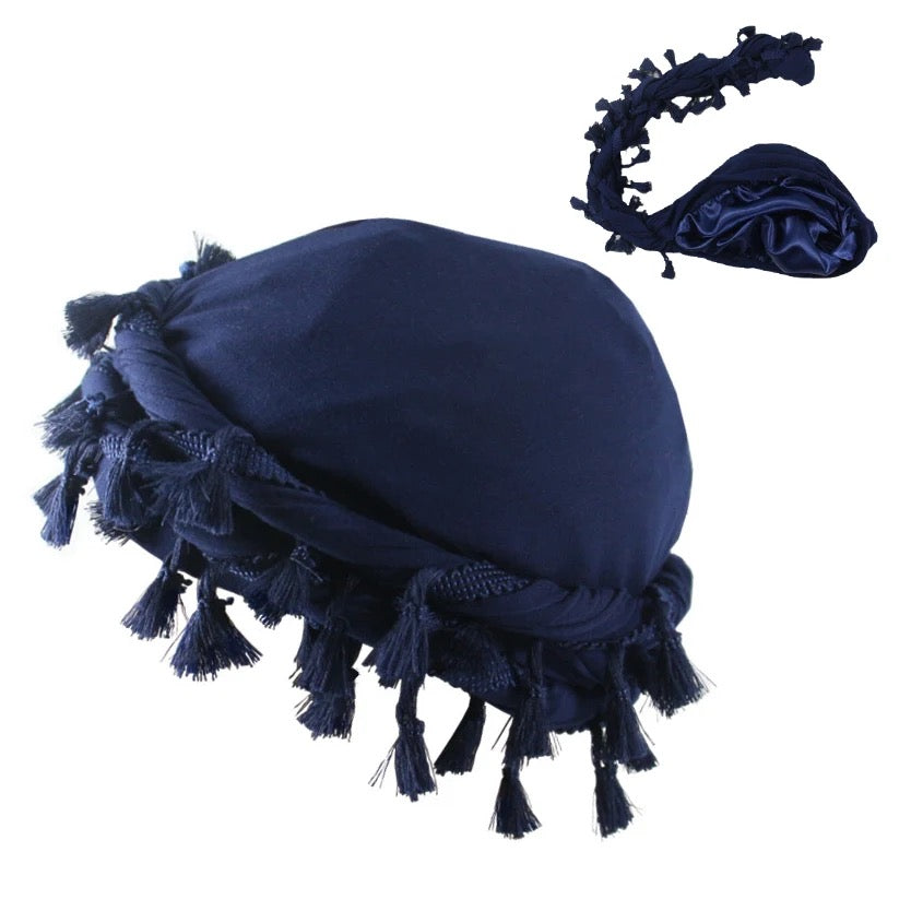 Turbante con halo de flecos con forro satinado (varios colores)