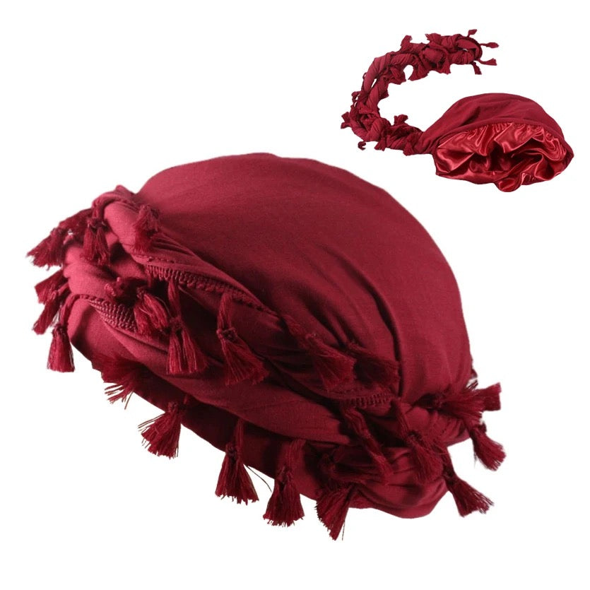 Turbante con halo de flecos con forro satinado (varios colores)