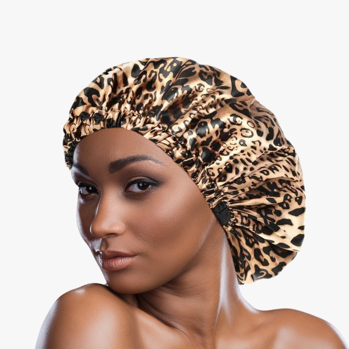 Leopard Satin Bonnet with Adjustable Band.