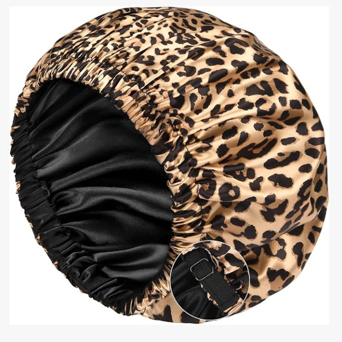 Leopard Satin Bonnet with Adjustable Band.