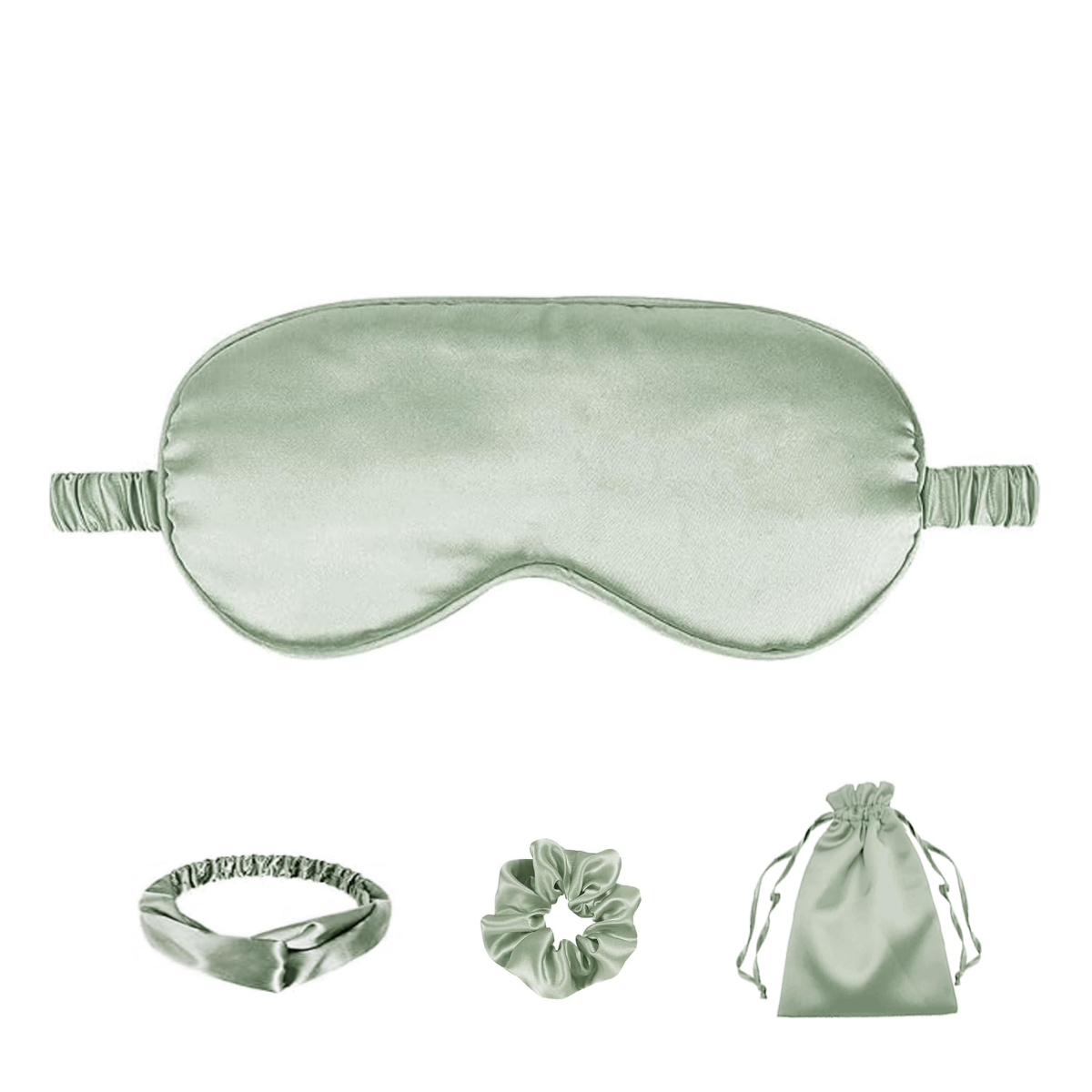 Matcha Sage Satin Eye Mask, Scrunchie, Headband & Travel Pouch Set 4 pc