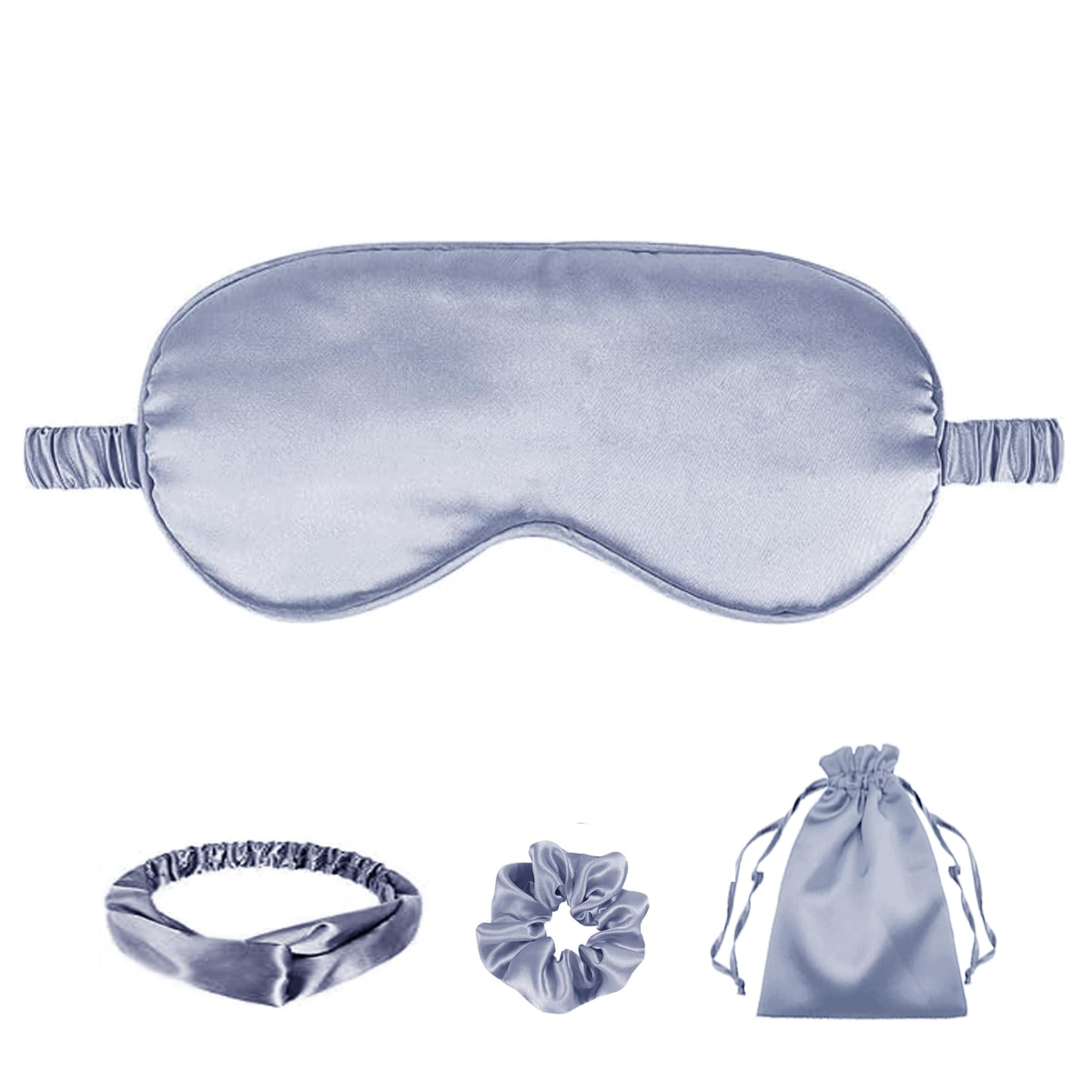 Mineral Blue Satin Eye Mask, Scrunchie, Headband & Travel Pouch Set 4 pc