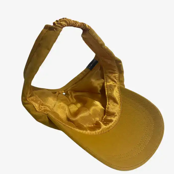 Mustard satin lined backless baseball cap for ponytails and natural hair
