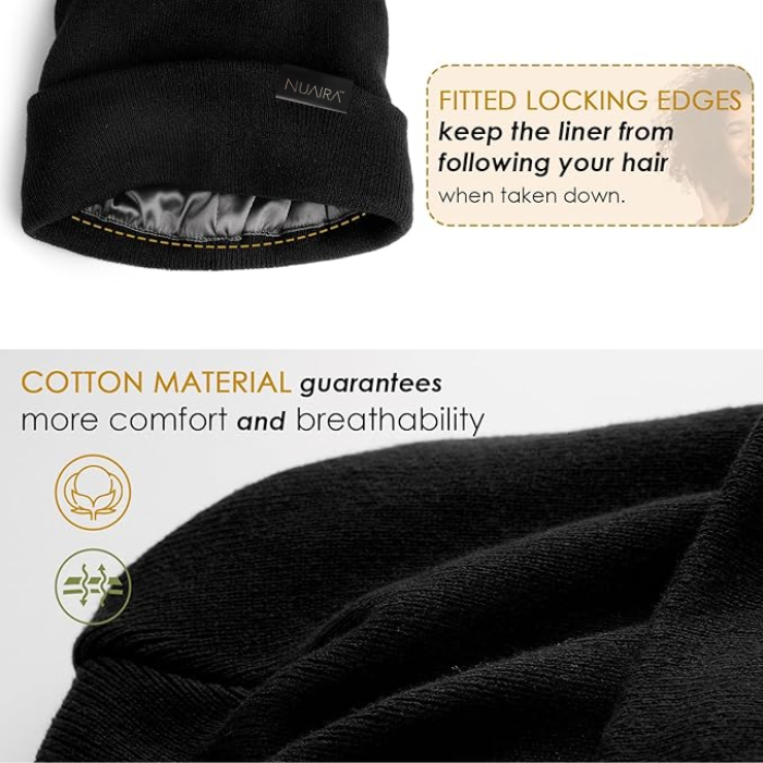 Satin Lined Winter Beanie Hat - Black.