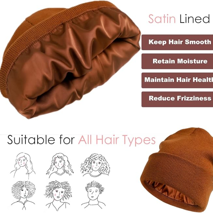 Satin Lined Winter Beanie Hat - Brown.