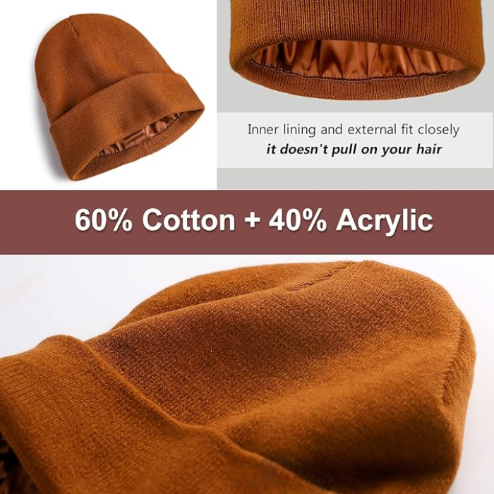 Satin Lined Winter Beanie Hat - Brown.