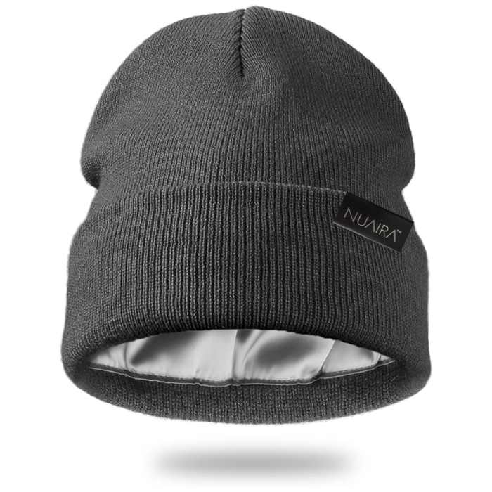 Satin Lined Winter Beanie Hat - Grey.