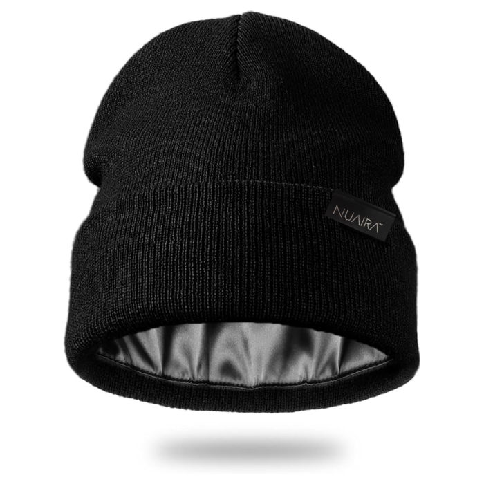 Satin Lined Winter Beanie Hat - Black.