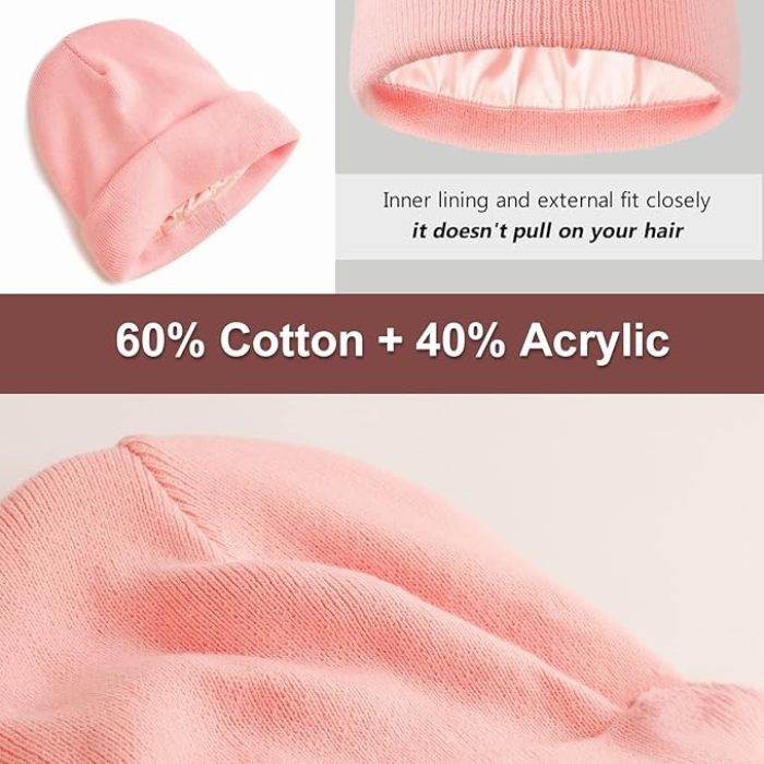 Satin Lined Winter Beanie Hat - Pink.