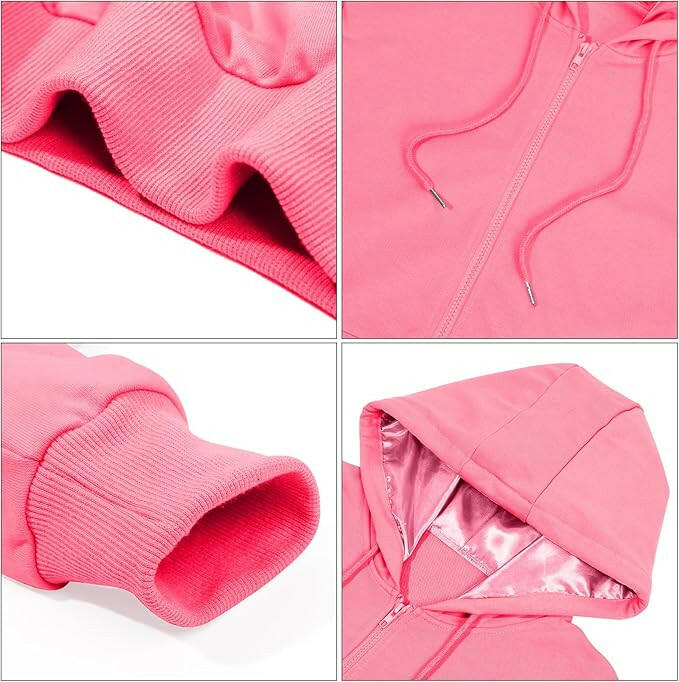 Satin Lined Hoodie with Zipper - Pink.