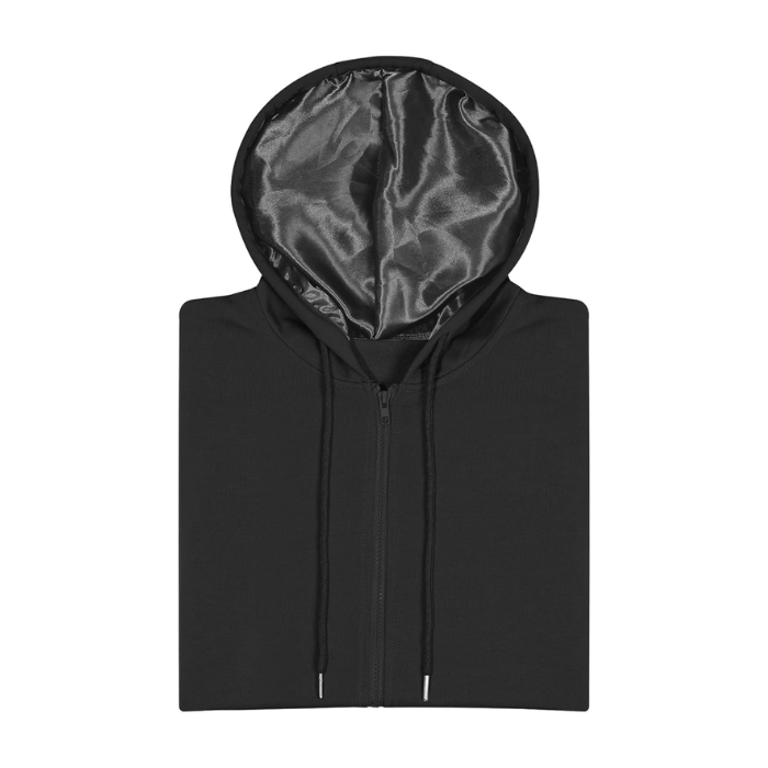 Satin Lined Hoodie with Zipper - Black.