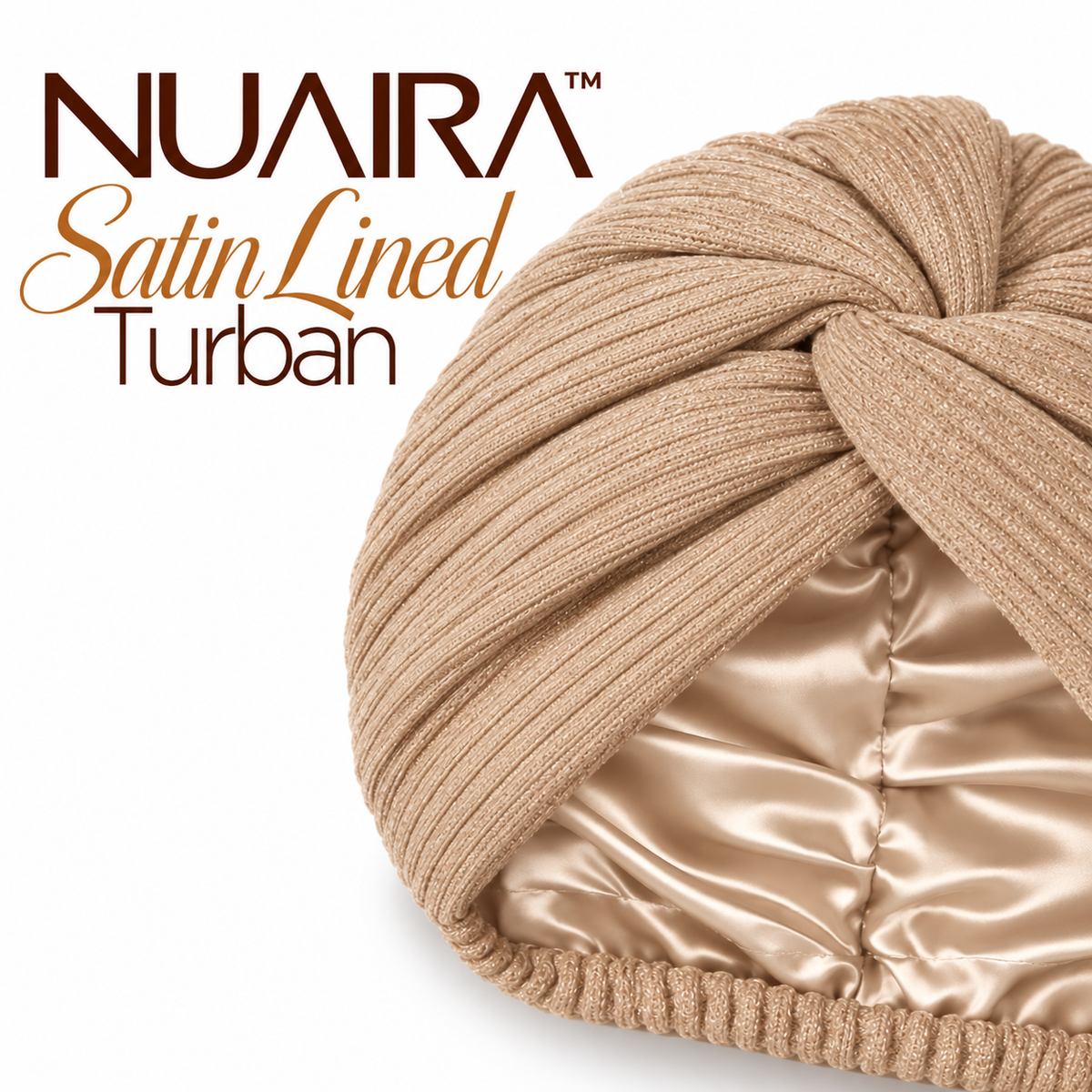 A beige satin-lined turban headband by NUAIRA, shown on a white background with the brand and product name text on the left.