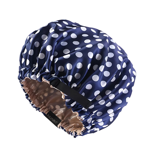 Navy White Polka Dot Satin Bonnet.