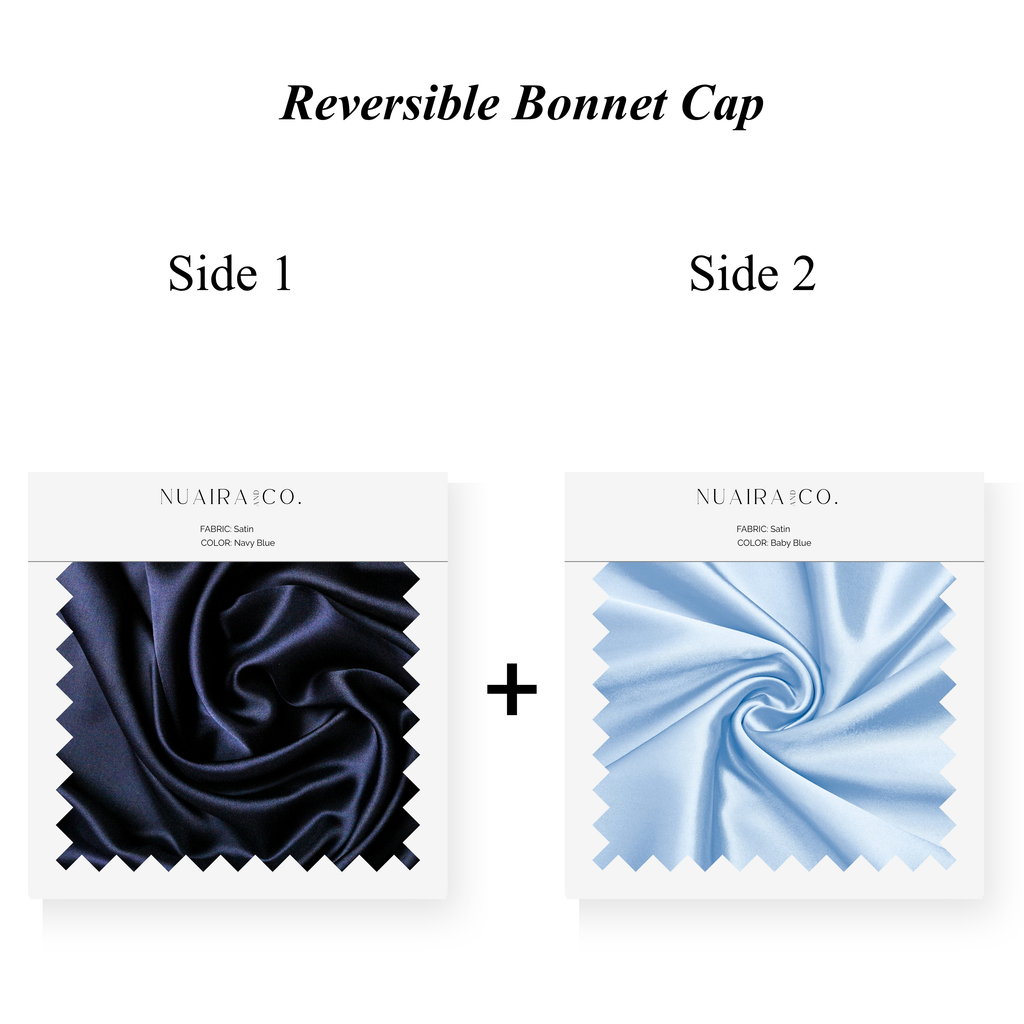 Nuaira Co. Two-Tone Bonnet Caps, Navy Blue and Baby Blue for healthy hair care. Curly, Natural and Loc'd
