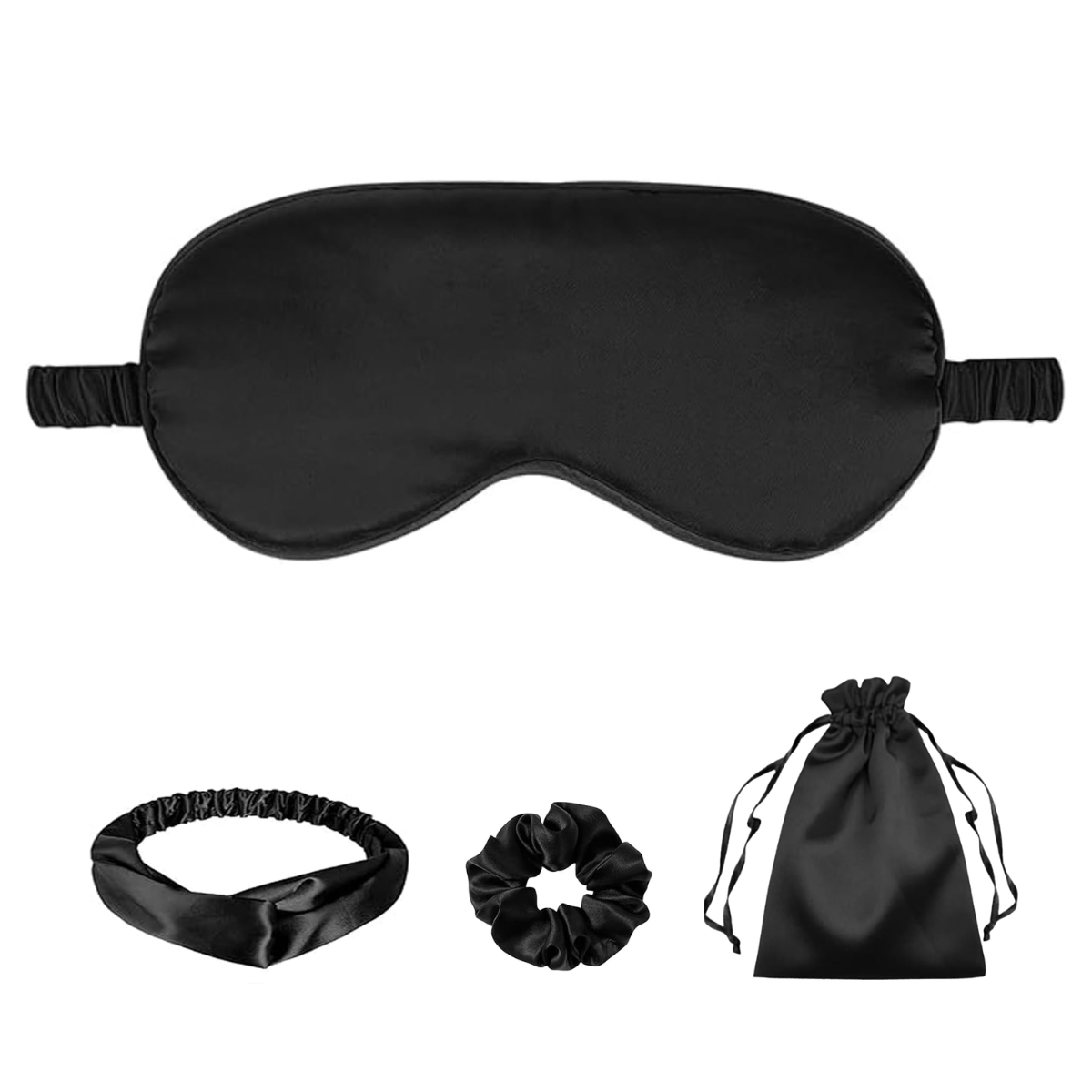 NuAira Charcoal Black Satin Eye Mask, Scrunchie, Headband & Travel Pouch Set 4 pc