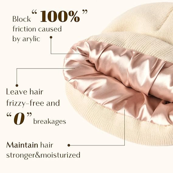 NuAira Satin Lined Winter Beanie Cream Beige