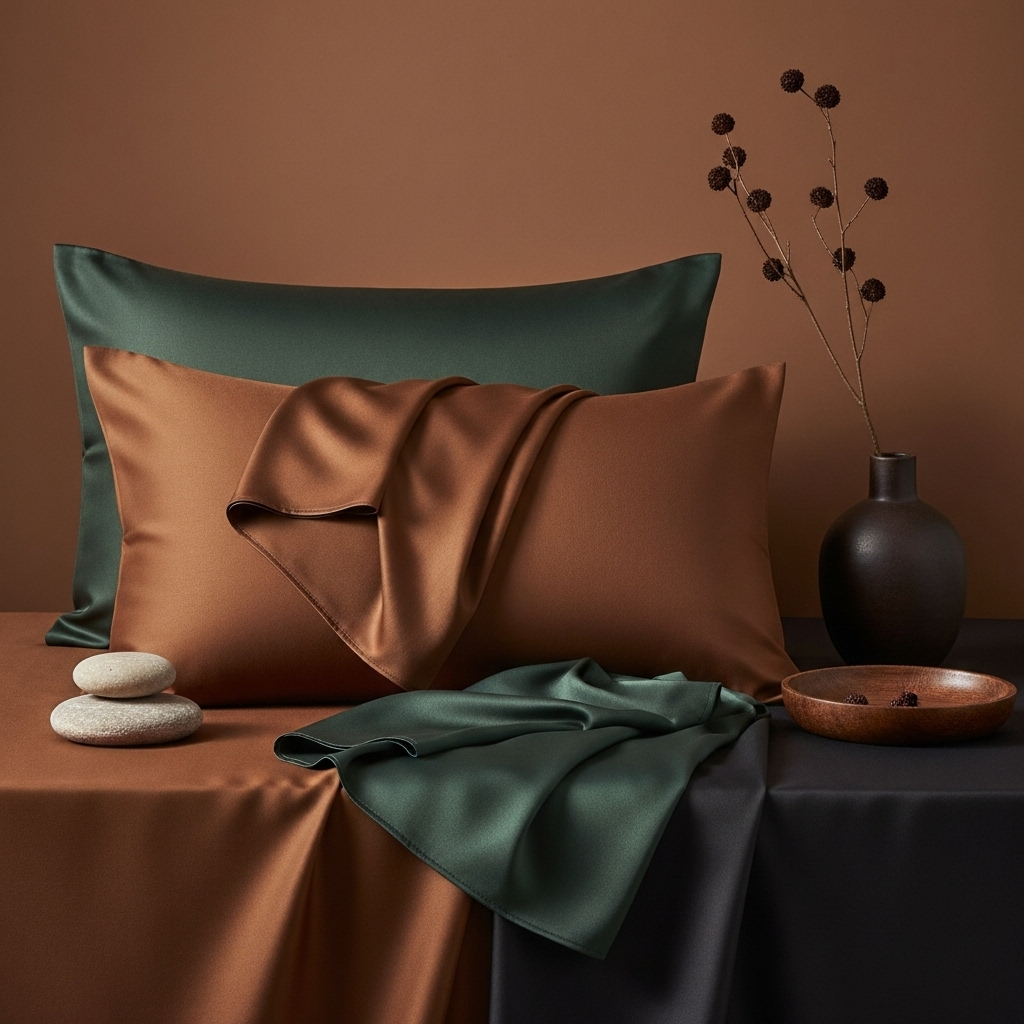 Nuaira satin pillows, one green and one brown, on a table