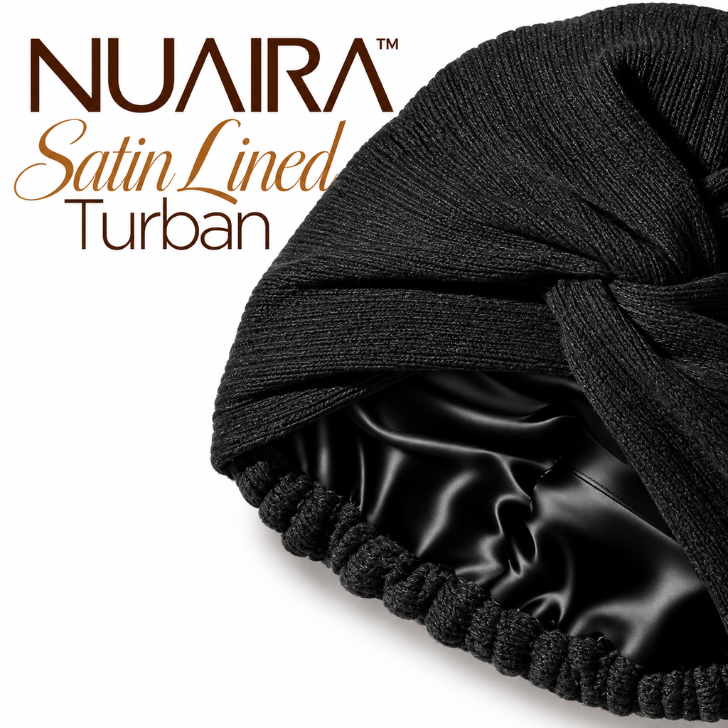 A close-up of a black satin-lined turban hat with a knotted twist design, showing the smooth satin interior and ribbed fabric exterior. The brand name NUAIRA is displayed in the top left corner on a white background.