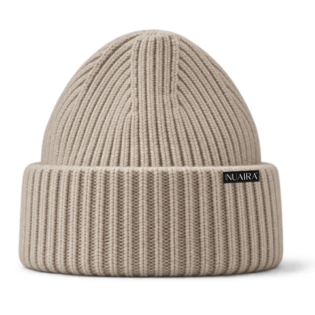 A oatmeal cream ribbed knit beanie hat with a shiny beige satin inner lining, shown on a white background with a beige NUAIRA brand tag in the lower left corner.
