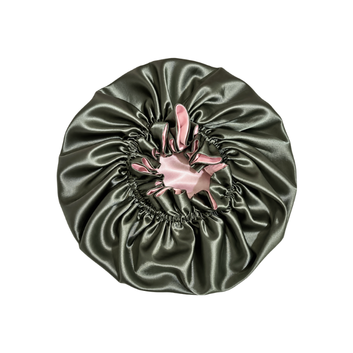 Olive Green Satin Ruffled Bonnet with Pink Lining, NuAira Co