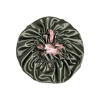 Olive Green Satin Ruffled Bonnet with Pink Lining, NuAira Co