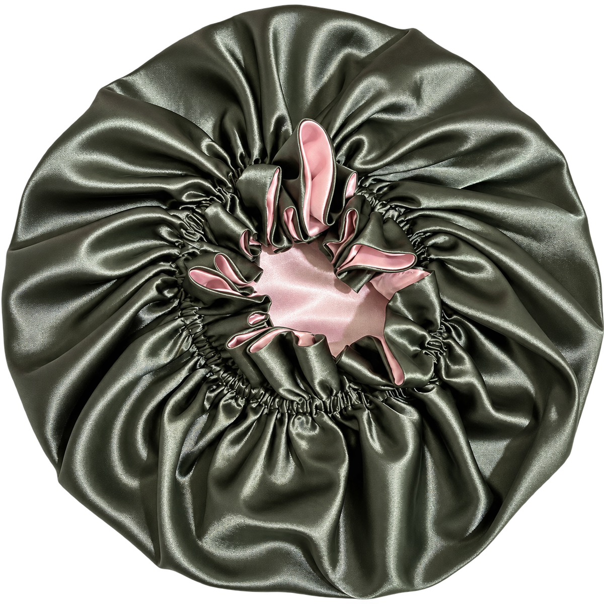 Olive Green Satin Ruffled Bonnet with Pink Lining, NuAira Co