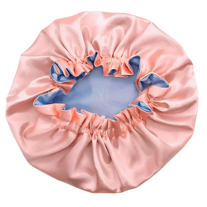 Baby Blue & Peach Satin Bonnet.