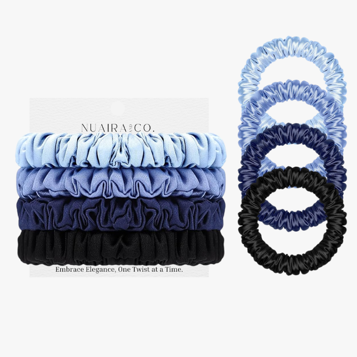 Snag-Free Petite Satin Scrunchies - Black/Blue/Navy/Lake Blue - All Hair - 4pcs