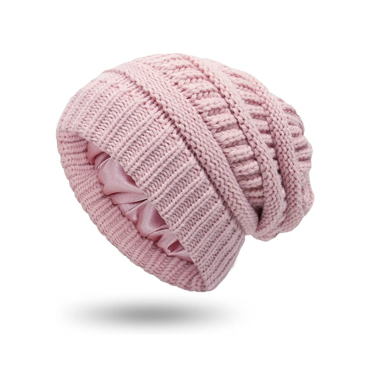 Pink Satin Lined Knit Slouch Beanie
